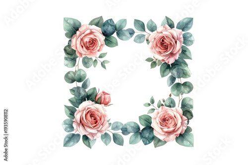 Elegant botanical frame with blush roses and eucalyptus leaves, soft watercolor style on transparent background,