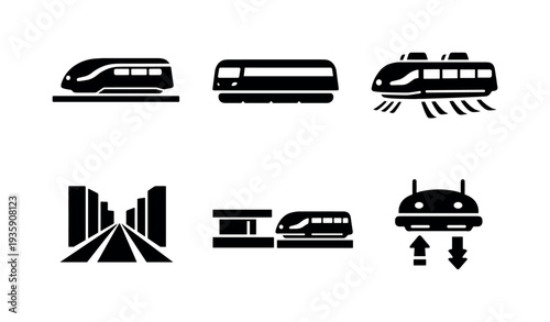 Solid vector icons of rail-free magnetic bus concepts: maglev bus, wide magnetic cushion, airflow intake; city corridor surface,