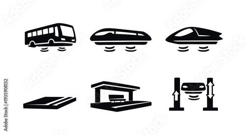 Solid vector icons of magnetic-cushion urban transport: levitating city bus, magnetic cushion module, aerodynamic body; rail-less