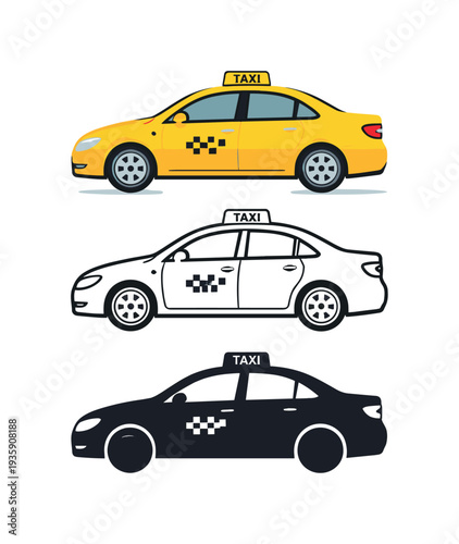 Professional transit context depicted as a compact taxi car with roof sign and four doors shown in side view as one urban