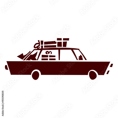 Pine tree and christmas gift delivery with a car