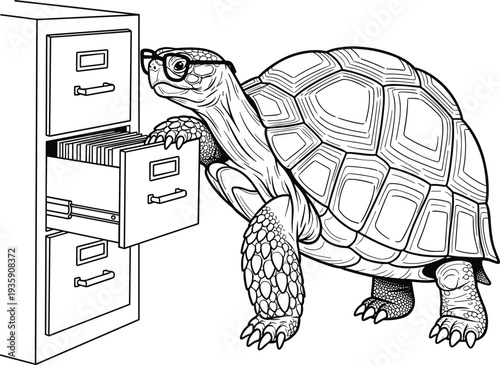Turtle wearing glasses pulling out office filing cabinet drawer