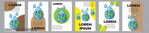 A minimalist poster collection featuring the Water Drop Earth Globe, Globe Water Drop Characters Template. This versatile vector pattern is perfect for posters, labels, and backgrounds.