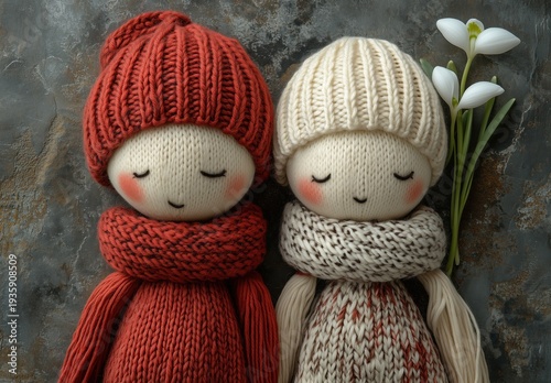 Wallpaper Mural Two knitted dolls in red and white yarn with spring flowers Torontodigital.ca