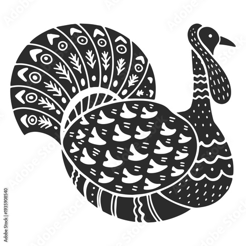 A black-and-white peacock design