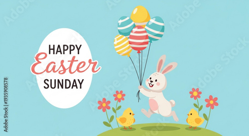 Easter bunny with balloons and chicks on green hill happy easter sunday greeting card with colorful flowers and egg shaped balloons
