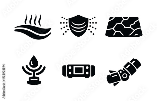 Solid vector icons of aquatic stealth surfaces: thermal-harmonizing skin, sound-scatter barrier, adaptive camouflage plate; fluid