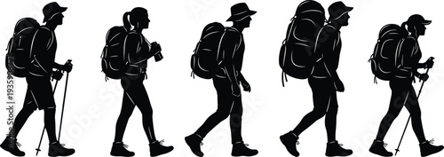 Black Silhouette Set of Hikers Men and Women Walking with Backpacks and Trekking Poles Isolated on White Background Vector Illustration