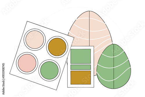 Easter themed cosmetic palette and eggs in pastel colors. Beauty routine and holiday vector illustration for card, banner, poster