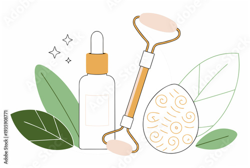 Skincare set with facial roller, serum bottle, and leaf elements. Pastel beauty routine. Cute vector illustration for Easter