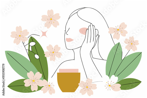 Woman applying face cream with delicate flowers and leaves. Pastel beauty routine concept. Vector illustration for cosmetic product design, Easter