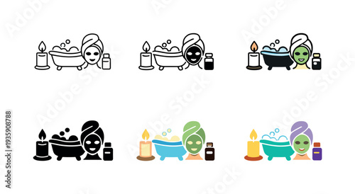 Personal wellness ritual symbol showing a candle, bathtub, face mask, and essential oil, conveying relaxation, self-care routines