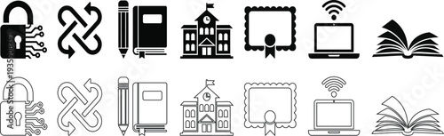 Black and white icons representing various aspects of modern life and technology