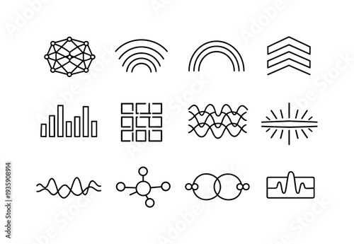Line style vector icons of startup business launch product development: resonance mesh, propagation band, timing arc, feedback