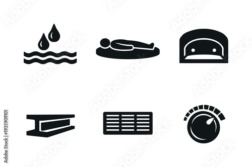 Solid vector icons of sensory-reduction flotation systems: balanced saline mixture, body-neutral support surface,