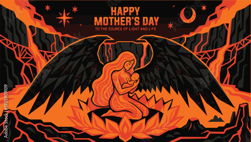Happy Mother's Day Vector Illustration with Angel Mother and Baby