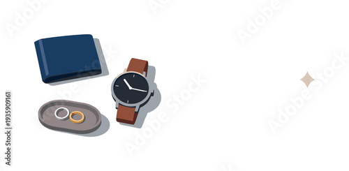 Minimalist Accessories Layout. Minimal minimal accessories lineup concept with wallet watch and ring tray loosely arranged seen