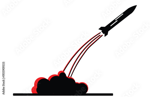Dynamic silhouette of a rocket missile ascending with vibrant red and black exhaust fumes