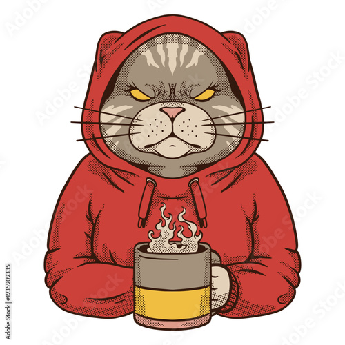 Cat in a red hoodie holding a cup of coffee