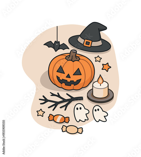 Calm halloween party prep concept with pumpkin lantern and decor slightly angled for balance shown from above, arranged in the