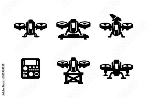 Solid vector icons of compact vertical-takeoff transports: dual-fan wings, upright cabin core, thrust-vector unit; landing pads,