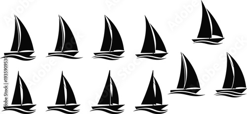 sailboat icons, sailing boat silhouettes, yacht symbols, marine transport, nautical design, ocean sailing, boat logo set, sea travel