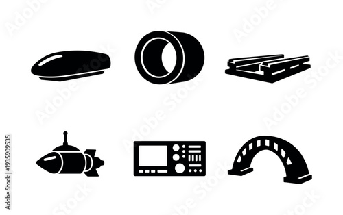Solid vector icons of low-drag tube mobility systems: aerodynamic pod shell, evacuated corridor ring, minimized-friction path;