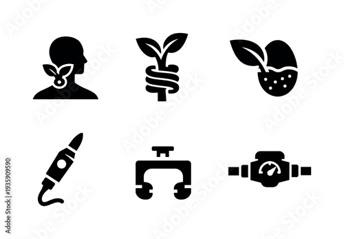 Solid vector icons of human-fed botanical hybrids: implant graft point, plant absorption coil, nutrient-exchange membrane;