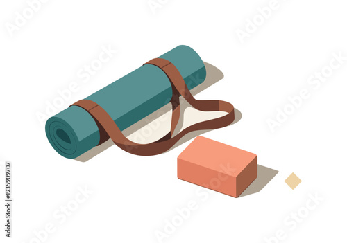 Minimal yoga practice gear with mat strap and block loosely arranged seen from a top-down angle, offset to the left third of a
