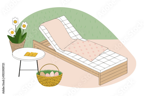 Lounge chair with basket of Easter eggs and potted tulips for a garden staycation. Spring relaxation. Vector illustration for banner