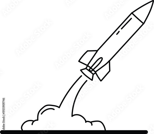 Stylized linear icon of a powerful missile taking flight, symbolizing ambition, progress, and a successful launch into the future