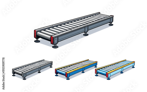 Step execution shown through a modular conveyor belt section with rollers and side rails presented as a single continuous