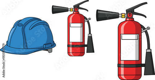 Fire extinguisher and safety helmet illustration set, workplace protection equipment icons, industrial fire safety tools vector design