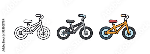 Bicycle Toy Icons. Everyday fun scene portrayed as a child-sized bicycle with simple frame, handlebars, and wheels shown in side