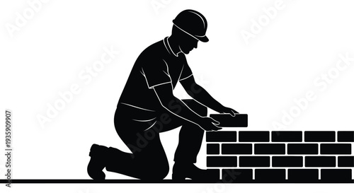 A construction worker kneels and lays a brick showcasing building craftsmanship in a striking silhouette high quality professional detailed