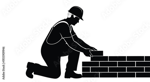 A black silhouette depicts a construction worker kneeling while laying bricks showcasing a classic building trade silhouette high quality