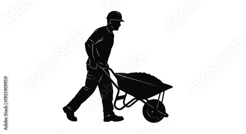 A worker pushing a wheelbarrow depicted in stark black against a white background creating a dramatic silhouette high quality