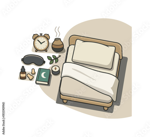 Calm healthy sleep routine concept with bed and night accessories slightly angled for balance shown from above, arranged in the