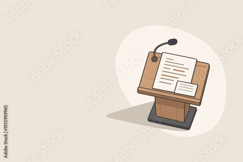 Calm public speaking practice concept with podium and notes slightly angled for balance shown from above, arranged in the right