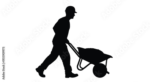 A solitary worker pushes a fully loaded wheelbarrow forward in a stark dramatic black silhouette high quality professional detailed
