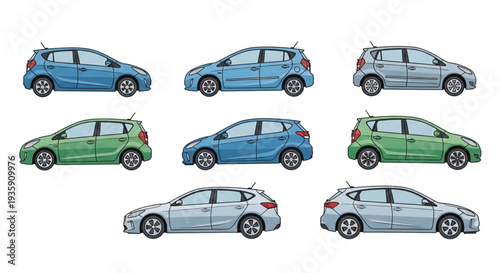 Collection of Modern Hatchback Cars in Various Colors.
