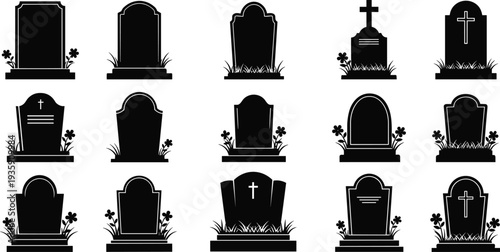 Gravestone and Tombstone Silhouette Collection Cemetery Memorial Headstone Set Vector Icons Isolated on White
