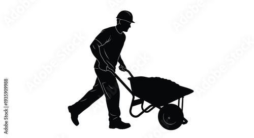 A black silhouette of a worker pushing a wheelbarrow depicting manual labor and construction work silhouette high quality professional