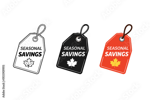 Seasonal savings concept shown as a hanging price tag with clipped corner and punched hole, centered and clearly visible as a