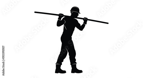 A black silhouette depicts a construction worker carrying a long pole across his shoulders showcasing manual labor silhouette