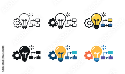 Creative process icon showing stylized light bulbs, gears, flowcharts, and idea symbols representing innovation, workflow