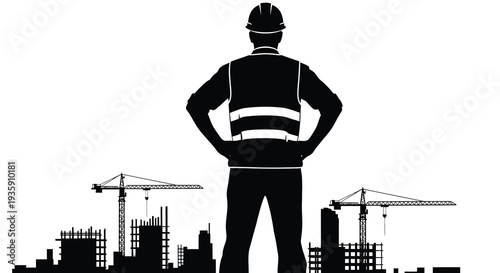 A construction worker stands confidently with hands on hips overlooking a cityscape under development silhouette high quality professional