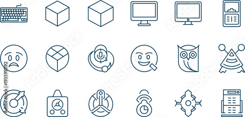 Set of 16 line icons including computer mobile and emoticon faces isolated on transparent background