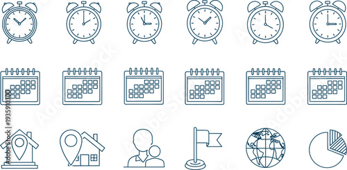 Collection of 15 black and white line drawings of various objects isolated on transparent background