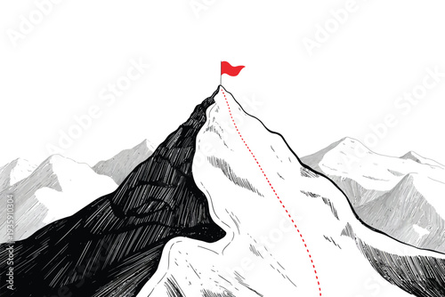 Mountain Summit Graphic Design, Monochrome Landscape with Red Flag Success Concept